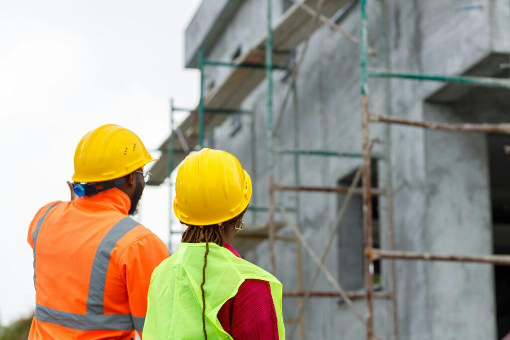 Two people wearing hardhats looking at a concrete building.