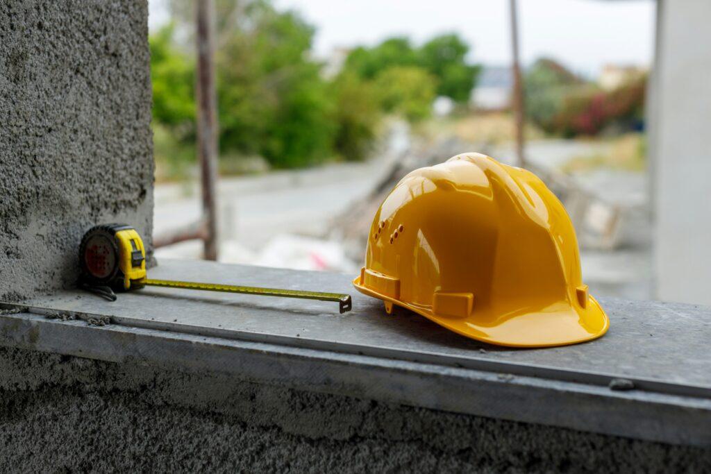 A hardhat sitting on a window frame.