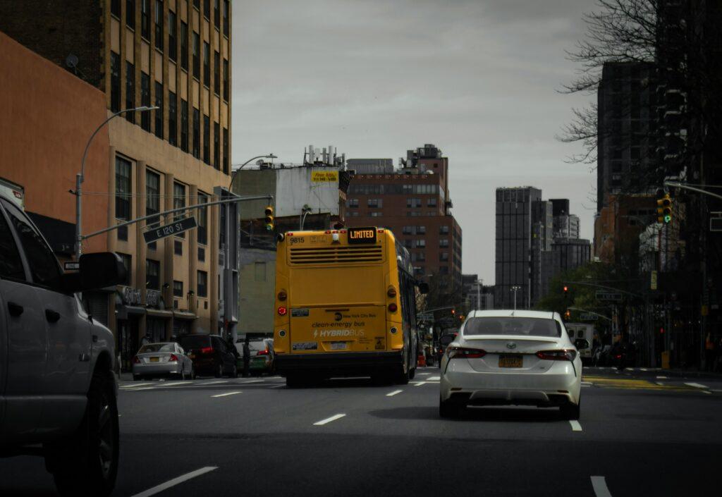 A bus on a New York City street.